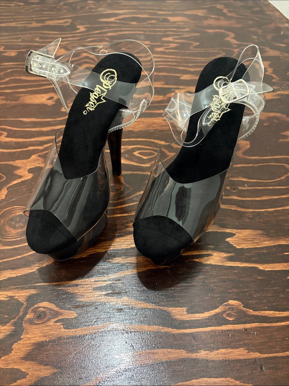 Pleasers 6” Clear Strap Black Platform Heels